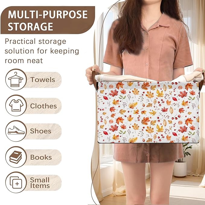Colored Maple Berries Storage Basket Large 17x11.5x10.5 Inches - Collapsible Fabric Organizer Bin with Handles for Nursery,Laundry,Closet - Foldable Decorative Hamper with Floral Pattern - Single Pack