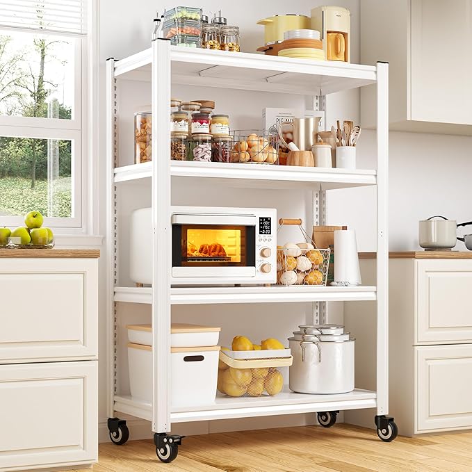 REIBII 4 Tier Storage Shelves with Wheels, 530LBS Pantry Shelves, Adjustable Metal Shelving Unit for Pantry, Kitchen, Living Room, Laundry, Home Office, 59.8" H x 31.5" W x 16.5" D, White