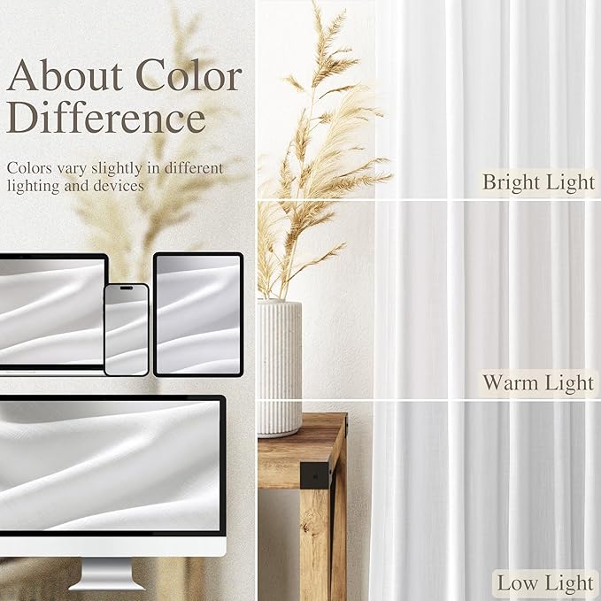 Nanspring Linen White Curtains Extra Long for Living Room 2 Panels Set Back Tab Light Filtering Semi Sheer Drapes Modern Farmhouse Decor Linen Textured Curtain for Floor to Ceiling Window 52x124