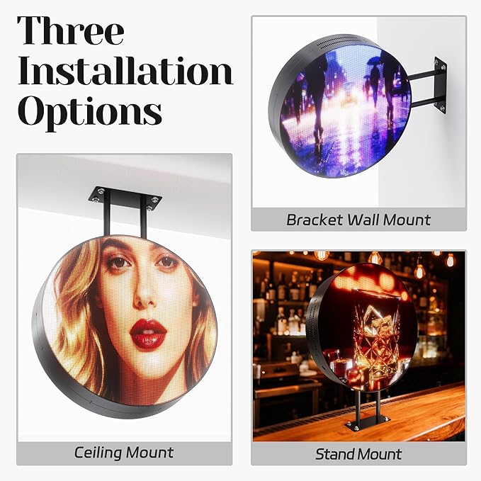 P2.5 Business Round LED Light Box Sign Programmable, Double-Sided Full Color Custom Digital Display Screen, Video, Image, Text Signage Panel Board for Outdoor Storefront Advertising 20"