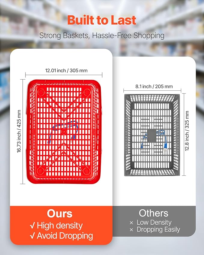 VEVOR Shopping Baskets, 12 PCS, 21L Stackable PE Plastic Grocery Baskets with Metal Handles, Dense Mesh Structure, Holds up to 20 lbs, Portable for Grocery, Retail, Stores, Supermarket, Home Use, Red