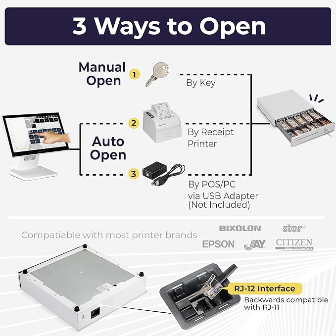 Volcora Cash Register Drawer for Point of Sale System 16" Stainless Steel Front & Removable Coin Tray, 5 Bill/6 Coin, 24V, RJ11/RJ12 Key-Lock, Media Slot, Cash Till, Money Drawer for Businesses, White