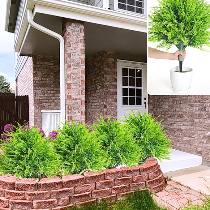 2 Artificial Boston Fern with Integrated Ground Stake 24'' Realistic UV Resistant Faux Plant with Spike for Indoor Outdoor Garden Yard Spring Summer Wedding Decoration