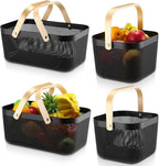 Sadnyy 4 Pcs Plastic Mesh Garden Harvest Basket Storage Basket with Wooden Handle Multi Functional Mesh Bin for Kitchen Cabinet Picnic Fruit Vegetable Gathering Organizer(Large, Small,Black)