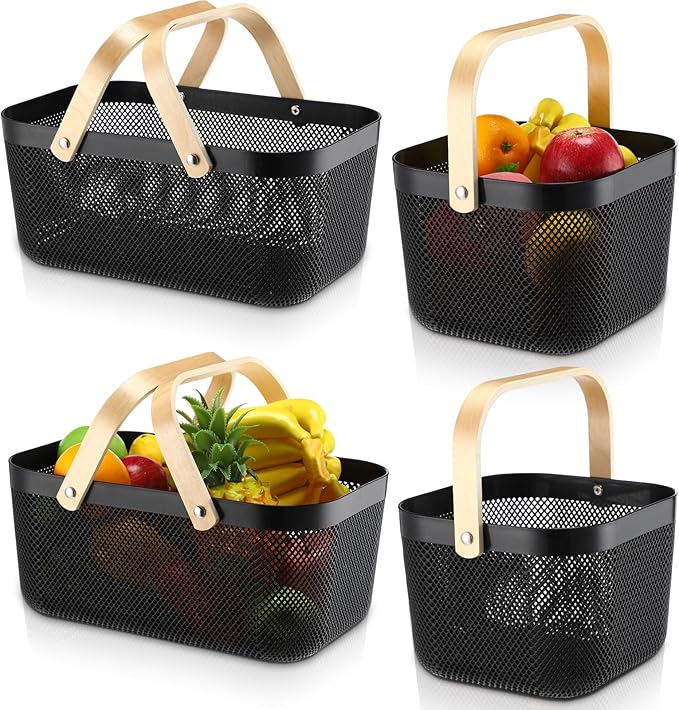 Sadnyy 4 Pcs Plastic Mesh Garden Harvest Basket Storage Basket with Wooden Handle Multi Functional Mesh Bin for Kitchen Cabinet Picnic Fruit Vegetable Gathering Organizer(Large, Small,Black)