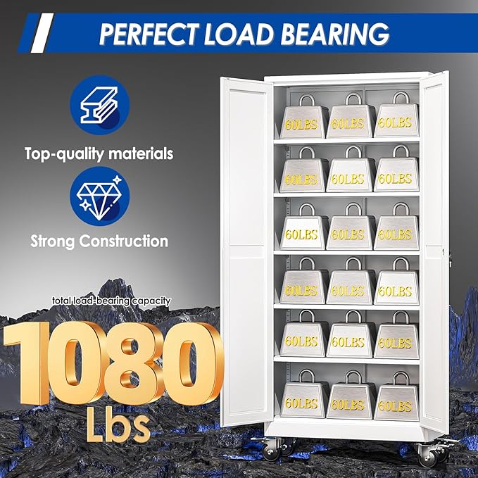 Metal Garage Storage Cabinet with Lock, Steel Tool Cabinet with 2 Doors and 5 Adjustable Shelves, 75” Tall Lockable File Cabinet with Wheels, Organization for Home Office Garage Gym - White