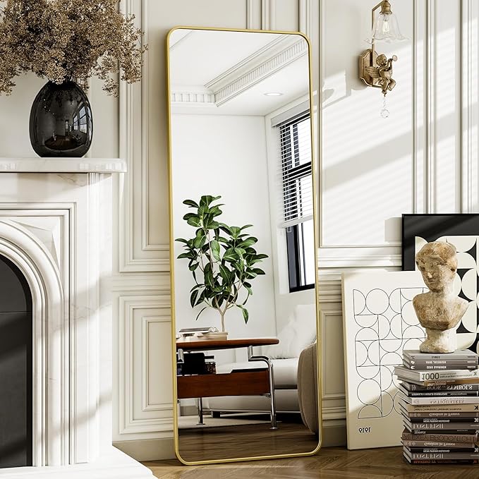 HARRITPURE 56"x21" Full Length Mirror, Gold Rounded Corner Aluminum Frame Floor Standing Mirror Hanging/Leaning Wall for Living Room Bedroom Cloakroom