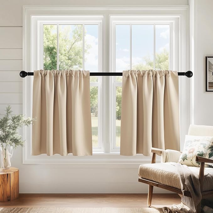 PONY DANCE Kitchen Window Curtains for Bathroom - Solid Light Block Privacy Drapes for Kitchen Cabinet Bedroom Cafe Window Decor, W 29 x L 24, Biscotti Beige,2 PCS