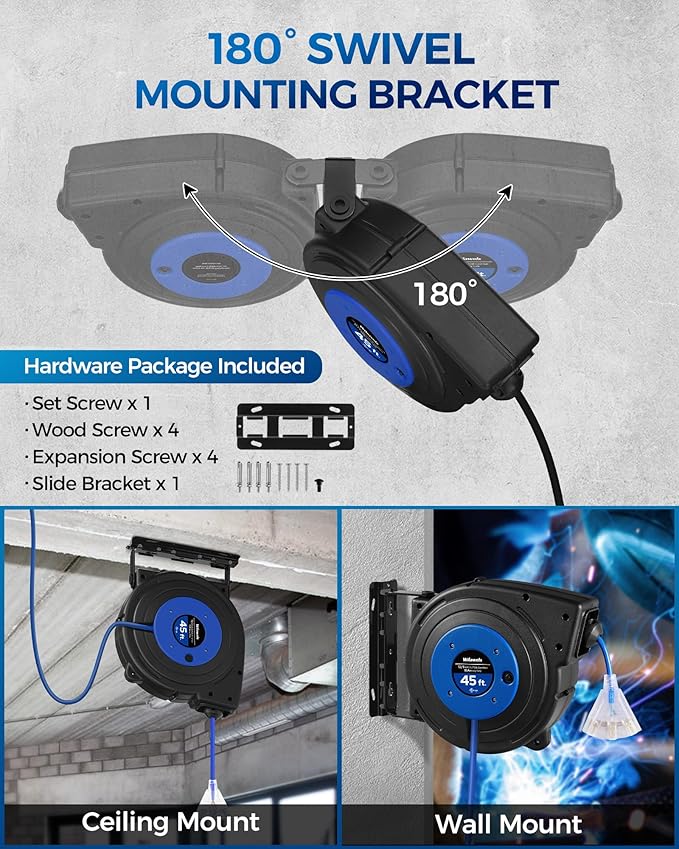 Retractable Extension Cord Reel, 45 FT Heavy Duty Power Cord, 12AWG/3C SJTOW, 3 Grounded Outlets Lighted Triple Tap, 15 Amp Circuit Breaker, UL Listed, Blue U45CR06