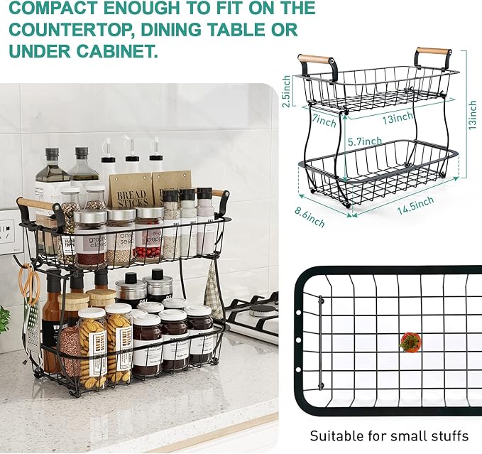 ANTOPY 2 Tier Fruit Basket with 2 Banana Hangers, Countertop Fruit Vegetable Basket Bowl for Kitchen Counter Metal Wire Fruits Storage Stand Holder Organizer for Bread Snack Veggies Produce