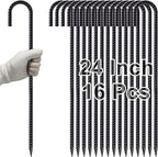 VVOKGO Rebar Stakes 24 Inch J Hook Heavy Duty Ground Anchors (16pcs), 3/8 Inch Diameter Metal Steel Extra Long Fence Stakes with Chisel Point End for Greenhouse, Gazebo, Carport, Camping Tents, Black