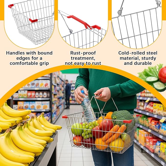 2 Pack Wire Shopping Baskets with Handle and Bumpers 17.7 x 12.6 x 7.9 Inch Foldable Sturdy Metal Basket Storage Organizer for Retail Grocery Supermarkets Kitchen Vegetables Fruits Picnic