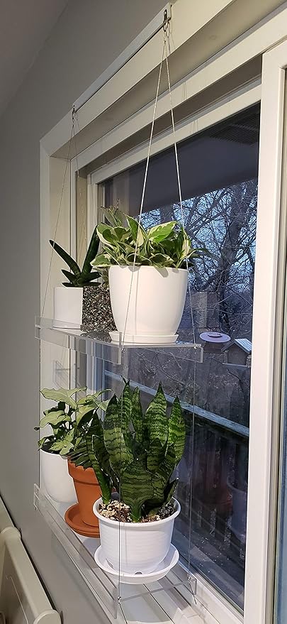 Hanging Acrylic Shelves for Windows (22" Wide, 5 Shelves - 66" Tall)