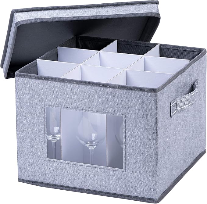 VENO 1 Pack Wine Glass Storage Box, Stemware Storage Case Hard Shell, Christmas Holiday Ornaments China Containers with Dividers & Handles, for Moving Crystal Glassware Champagne Flute (for 9 Glasses)