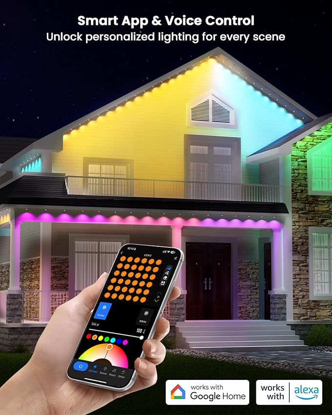 Gefolly Permanent Outdoor Lights Pro, 200ft with 120 RGBW Double-LED Light 111 Scene Modes for Daily, Halloween, Christmas, IP67 Waterproof for Outdoor Decor, Works with Alexa, Google Assistant, White