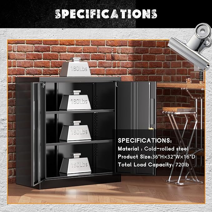 Greenvelly Metal Storage Cabinet with Doors and Shelves,Lockable Storage Cabinet for Office,36”Black Metal Utility Cabinet Garage Cabinets, Lockable File Cabinet for Home Office, Garage, Kitchen, Shop