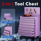 Superday Rolling Tool Chest, 7 Drawer Portable Tool Chest with Wheels, Tool Storage Cabinet with Lock for Garage, Steel Tool Cart with Pegboard & Hooks for Workshop, Warehouse (Purple)