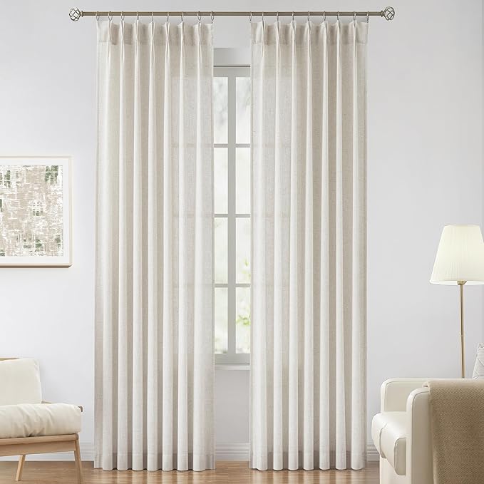 Vision Home Natural Pinch Pleated Semi Sheer Curtains Textured Linen Blended Light Filtering Window Curtains 120 inch for Living Room Bedroom Pinch Pleat Drapes with Hooks 10ft 2 Panels 42" Wx120 L
