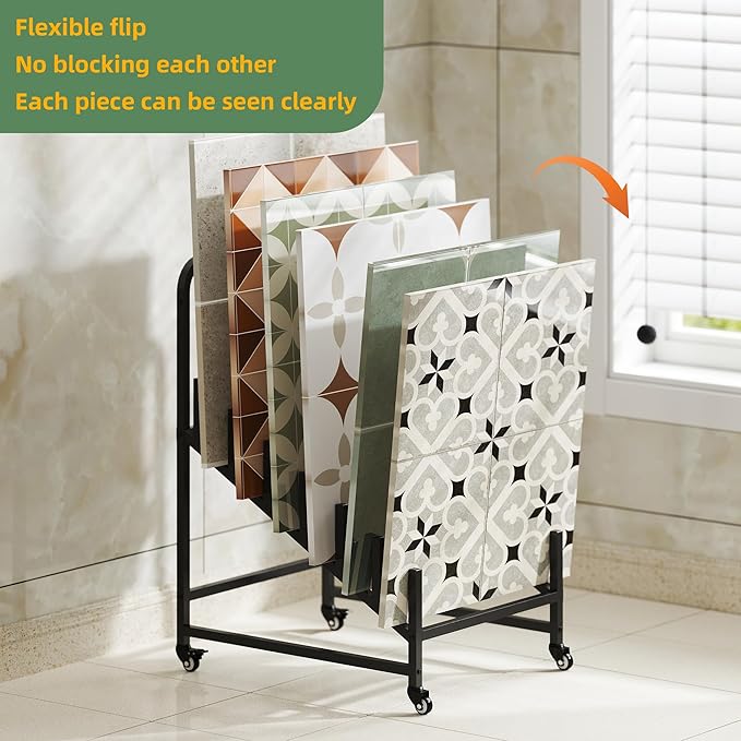 12-Tier Tile Sample Display Stand, Rolling Tile Sample Storage Rack, Metal Floor Tile Display Stand, Building Material Display Shelf, Slotted Tile Display Rack, Floor Sample Holder for Exhibition Hall