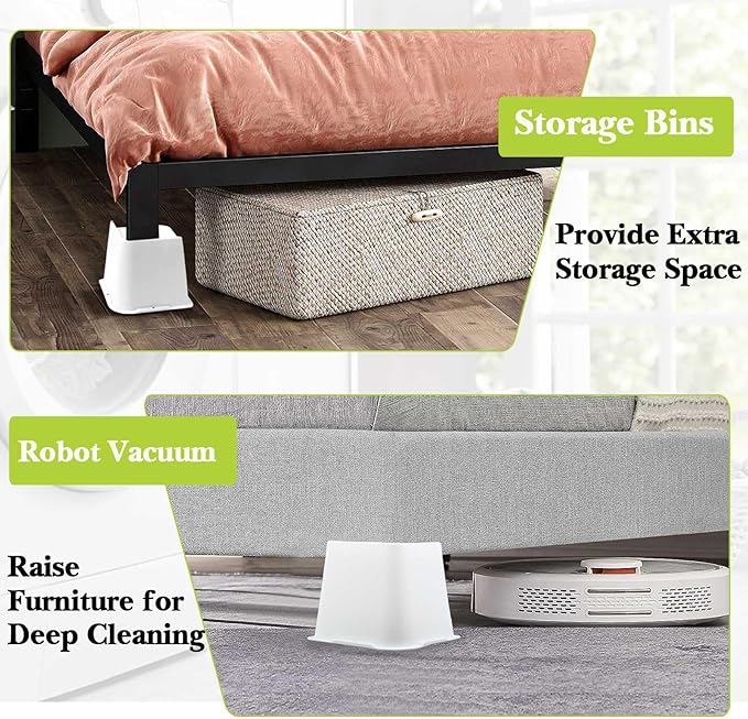 Bed Risers 1 inch, 2 inch, 3 inch, 4 inch, 6 inch, 8 inch Heavy Duty, Oversized Furniture Riser for Couch Sofa Table Chair Leg Frame Dorm, Support up to 6000 Lbs (White 4 Pack, 4 inch)