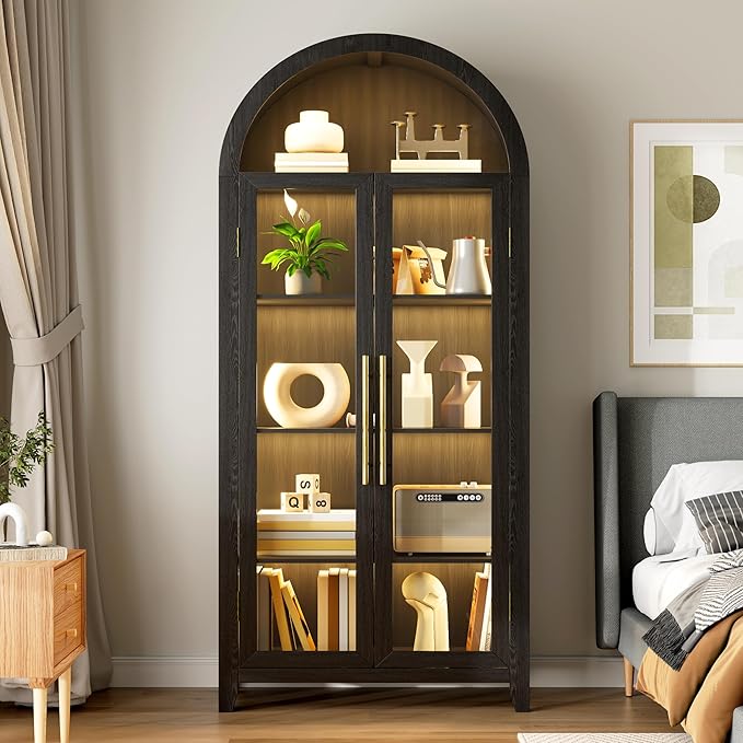 Vlsrka 71" Arched Display Cabinet with Glass Doors, Curio Cabinet with LED Light & Human Sensor, 5-Tier Display Cases for Collectibles, Storage Cabinet with Ajustable Shelf for Living Room(Black)