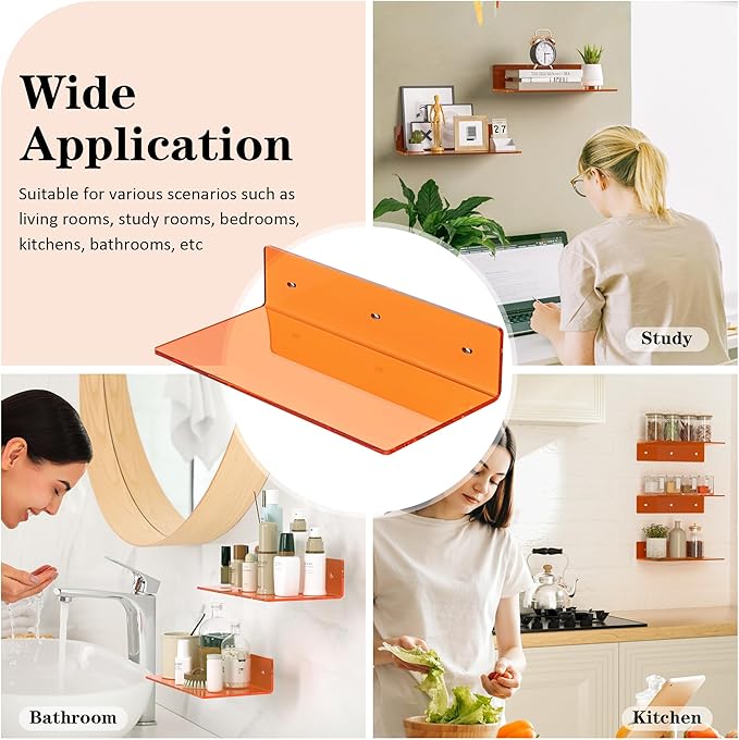 12 Inches Small Orange Wall Shelves Set of 2, Acrylic Floating Shelf for Bedroom, Living Room, Funko Pop Shelves, Smart Speaker, 2 Pack