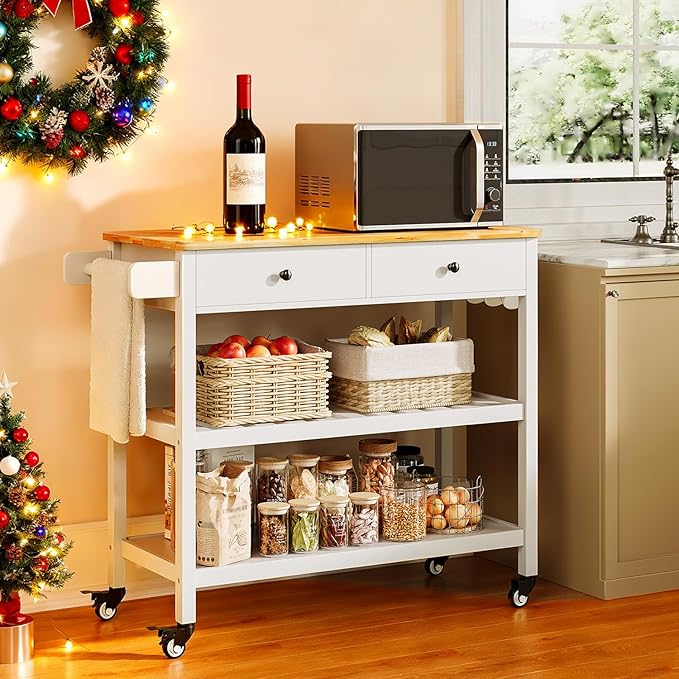 Gizoon Kitchen Island Cart on Wheels with 40'' Wood Tabletop, 2 Open Tiers Spacious Storage Shelves and Towel Rack, Rolling Utility Cart with 3 Side Hooks and 2 Drawer for Dining Room, Bar, White