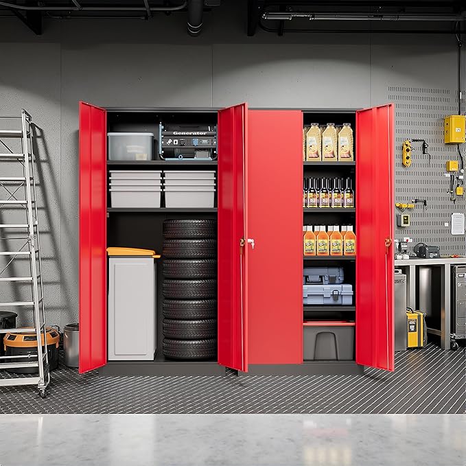 Pataku Metal Storage Cabinet, 72" Garage Cabinet with Doors and Shelves Lockable Steel Multifunctional Cabinets, File Cabinets for Home, Office, Warehouse(Black Red)