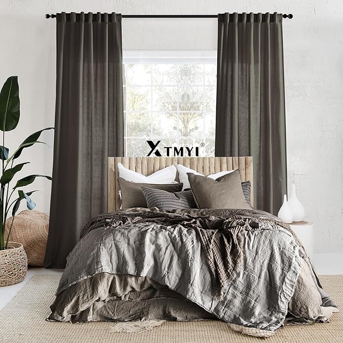 XTMYI Brown Linen Sheer Curtains for Living Room,Pleated Back Tab Light Filtering Curtain Drapes 90 Inches Long 2 Panels Set
