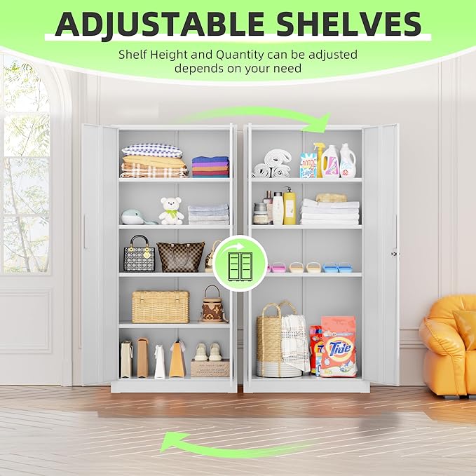 INTEGREAT Metal Storage Cabinet,71" Office Metal Cabinet with Locking Doors and Adjustable Shelves,Steel Locking Cabinets for Office,Home,Garage,Gym,School (White)