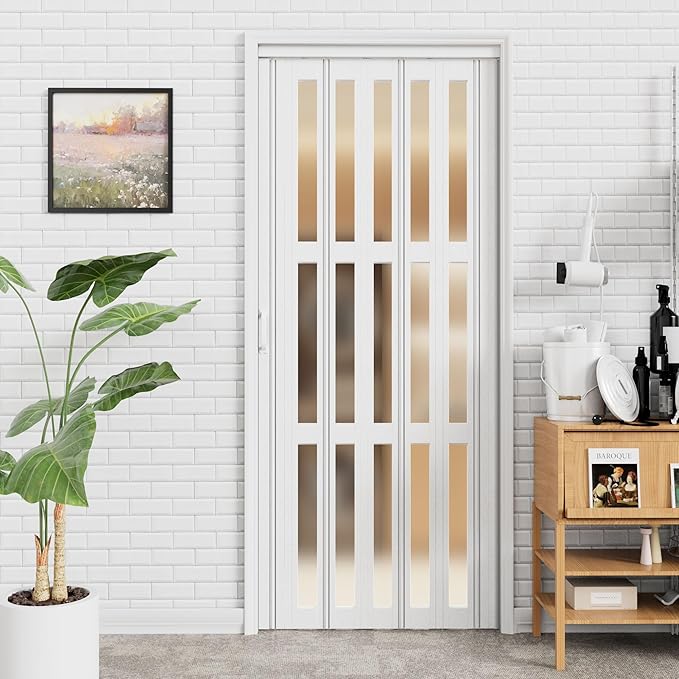24-36 x 80in Accordion Doors Interior Folding Door, White PVC Accordion Door with 3 Frosted Acrylic Glass with Upgraded Roller & Handle & Complete Hardware, for Closet Bathroom Doorways
