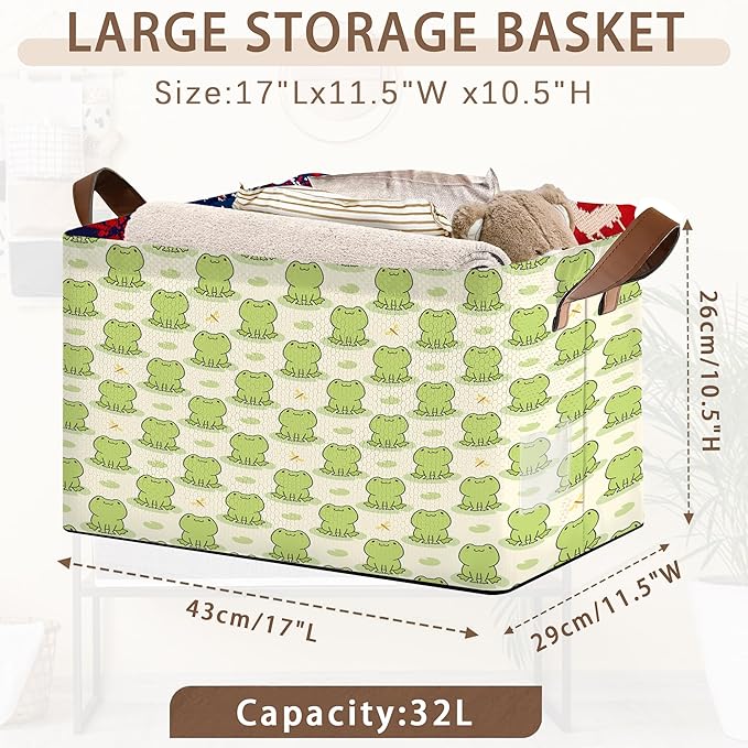 Cute Frog Storage Basket Large 17x11.5x10.5 Inches - Collapsible Fabric Organizer Bin with Handles for Nursery,Kids Room,Toys - Foldable Decorative Hamper with Cartoon Frog Design - Single Pack