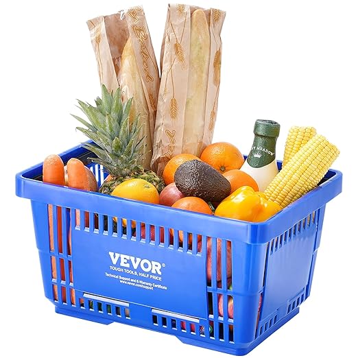 VEVOR 12 PCS Shopping Basket, 16.73 x 11.61 x 8.86 inch Durable Plastic Grocery Basket with Stand & Handle, 24L Portable Shop Basket Bulk, Idea for Retail Store Supermarket Grocery Shopping, Blue