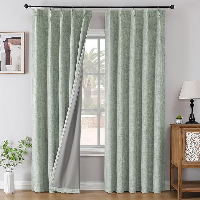 Joydeco Pinch Pleated Curtains - 100% Blackout for Bedroom, Sage Green Linen Curtains 40" W x 84" L, Thermal Insulated 2 Panels Light Blocking Drapes, Back Tabs for Living Room
