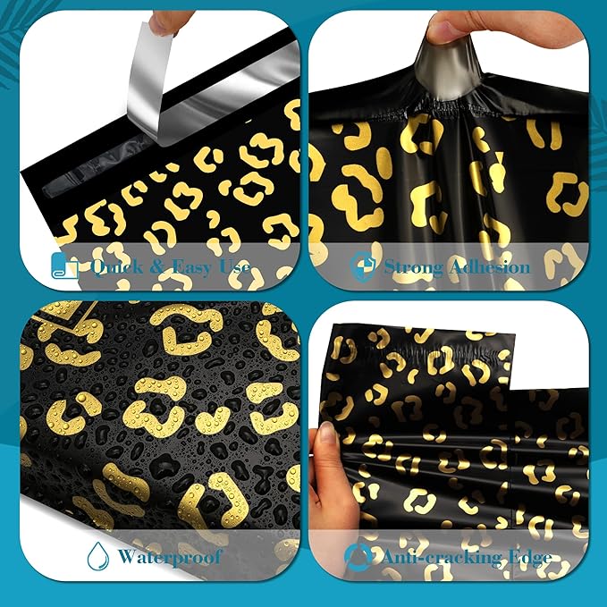 JinRuiKJ Poly Mailers with Handle 10x13 Inch 100 Pcs, Easy to Carry Packaging Bags for Small Business, Thank You Shipping Bags with Self Adhesive Strip, Tearproof and Waterproof - Gold leopard