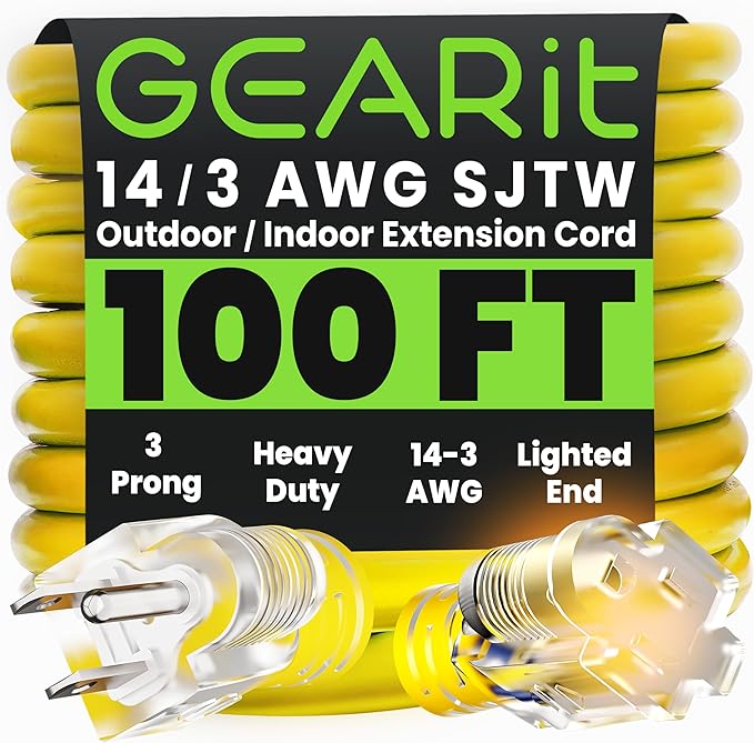 GEARit Outdoor 14 AWG Gauge 3 Prong Plug 100 Foot Extension Cord, Power Cord for Lawn, Garden, Appliances, 14/3, SJTW Heavy Duty for Indoor/Outdoor, All Purpose Weather Resistant, 100 Feet, Yellow
