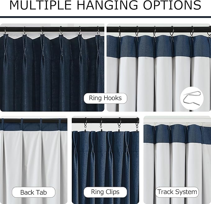 Vision Home Navy Blue Pinch Pleated Full Blackout Curtains Linen Blended Room Darkening Curtain Panels 72 inch for Living Room Bedroom Thermal Insulated Pinch Pleat Drapes with Hooks 40" Wx72 Lx2