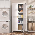 Kitchen Pantry Cabinet,75”White Metal Storage Cabinets with Doors and 4 Adjustable Shelves,Kitchen Cabinet with 2 Gold Handles,Tall Cabinet for Livingroom,Pantry, Bathroom