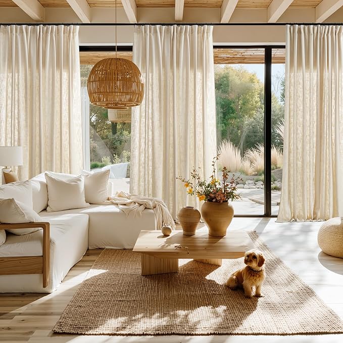 NICETOWN Pinch Pleated Natural Thick Linen Curtains 84 inches Long for Living Room 2 Panels Set, Back Tab/Rod Pocket with Pleat Tape Privacy Added Window Treatments for Farmhouse/Bedroom, W55 x L84