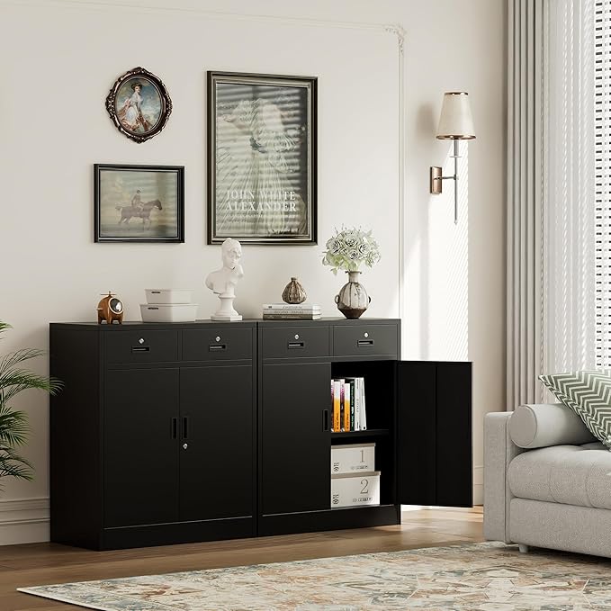 Metal Storage Cabinet, 36 Inch Tall Metal Garage Cabinet with 2 Doors and 2 Drawers, Lockable Cabinet with Adjustable Shelf, Pantry Cabinets for Home Office,Kitchen,Pantry,Garage,Warehouse