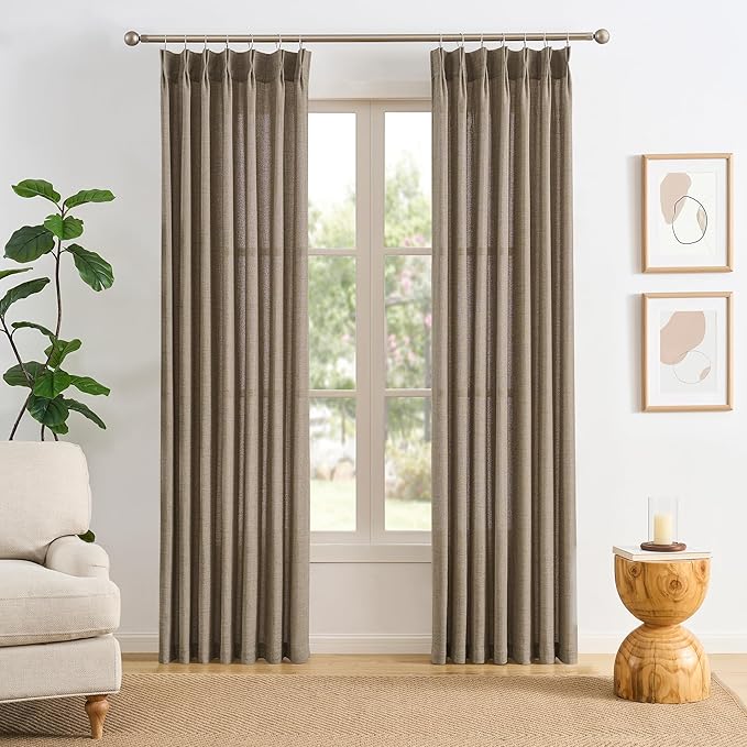 96 Inch Long Pinch Pleat Curtains 2 Panels Set Linen Khaki, Back Tab Pleated Drapes with Hooks,Light Filtering Modern Stylish Curtain for Bedroom Living Room,W42xL96 in Length