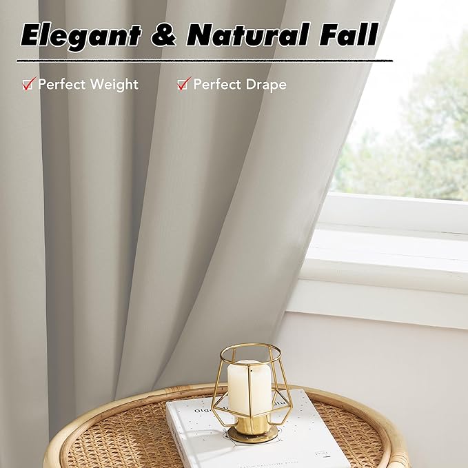 KGORGE Room Darkening Curtains 36 inch for Bedroom,Privacy Solid Thermal Insulation Noise Reducing Small Window Curtains for Bathroom Basement Office, W34 x L36 inches, Nature, 2 Panels