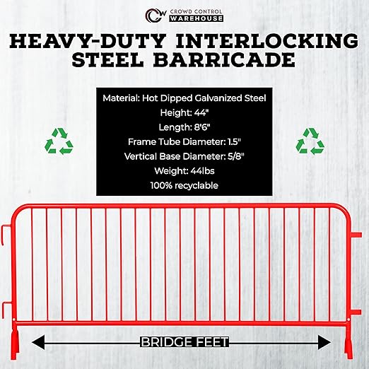 Angry Bull Barricades Metal Interlocking Steel Barricade (8.5 Ft. Heavy Duty, Bridge Feet, Red Powder Coated, Set of 20)