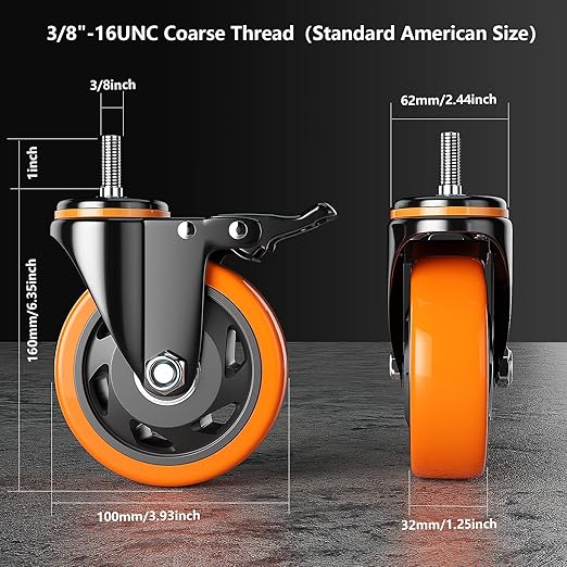 Stem Caster Wheels 4 Inch Heavy Duty Threaded Stem Casters UNC 3/8"-16 x 1 Swivel Casters Set of 4 with Safety Dual Locking Wheel for Furniture and Cart