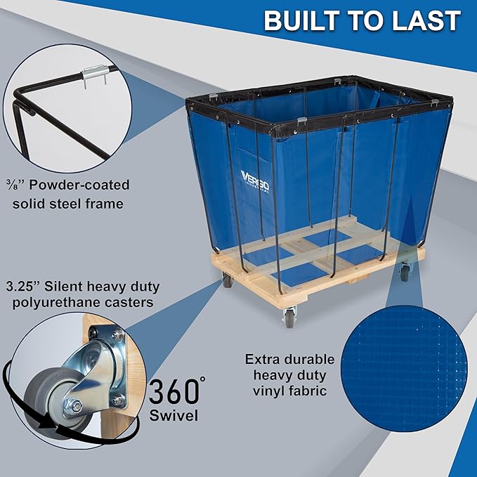 Vergo Industrial Basket Trucks (16 Bushels) 600 lbs Capacity - Heavy Duty Rip-Stop Vinyl Commercial Laundry Cart with Wheels - 20 Cubic Feet - Service Cart for Laundry, Trash and Heavy Materials