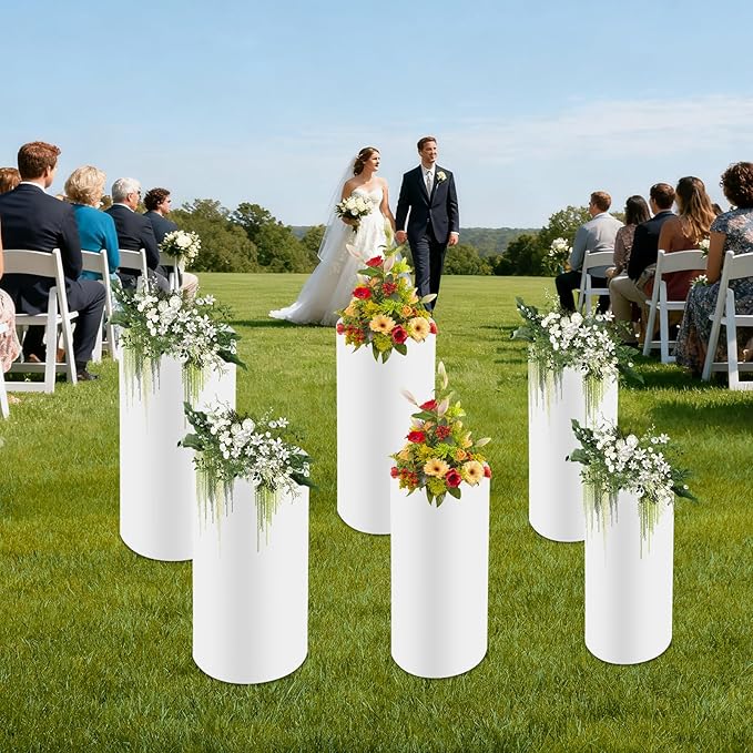 Eapmic Pedestal Stands for Party, Cake Pedestal Stand, Dessert Table Display Plinth Pillars, Sculpture Display Column Decoration Cube for Wedding Birthday (White, Cylinder-6Pcs(27.56"+26"+23.62"))