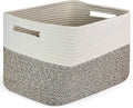 Shelf Woven Storage Basket, 15 x 10 x 9” Closet Rope Baskets For Organizing, Square Bins with Handles, White+Dark brown