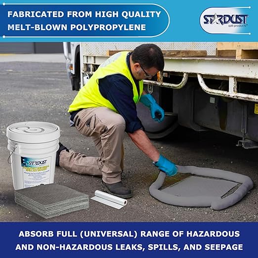 STARDUST Spill Products D905U Universal Spill Kit OSHA Approved - Portable Bucket (15) Universal Sorbent Pads, (2) 3"x4' Absorbent Socks, (4) Disposal Bags & Nitrile Gloves Spill Kit For Fast Response