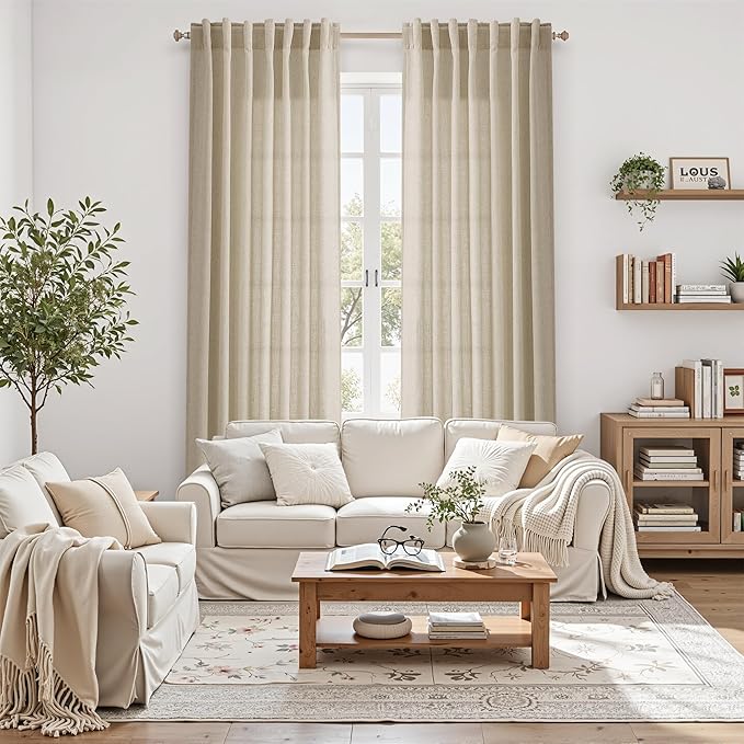 Nanspring Eggshell Beige 63 Inch Curtains for Living Room Linen Blend Luxury Light Filtering Semi Sheer Curtain Back Tab Rustic Decor Neutral Elegant Drapes for Bedroom Office 52x63, 2 Panels