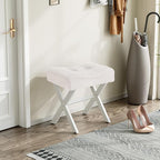 18-Inch Vanity Stool Chair, Vanity Bench with Metal X-Legs, Ottoman Accent Stool with Breathable and Soft Boucle Fabric Saddle Seat, White